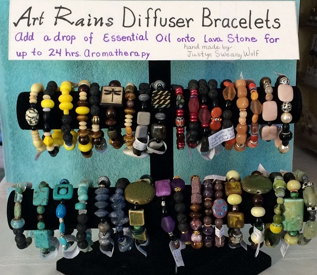 Diffuser Bracelets! These bracelets will give up to 24 hours of aromatherapy when you add your essential oil onto the lava stones in the bracelet. 
Art Rains Jewelry
