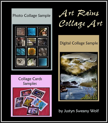 Samples of digital and photo collage images by Justyn Sweany Wolf, as well as samples of collage work on note cards.
Art Rains Collage